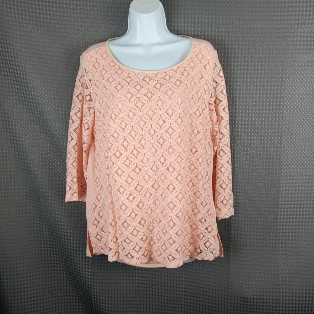 Jaclyn Smith Peach Lace Overlay 3/4 Sleeve Scoop Neck Blouse Top Pink Coral